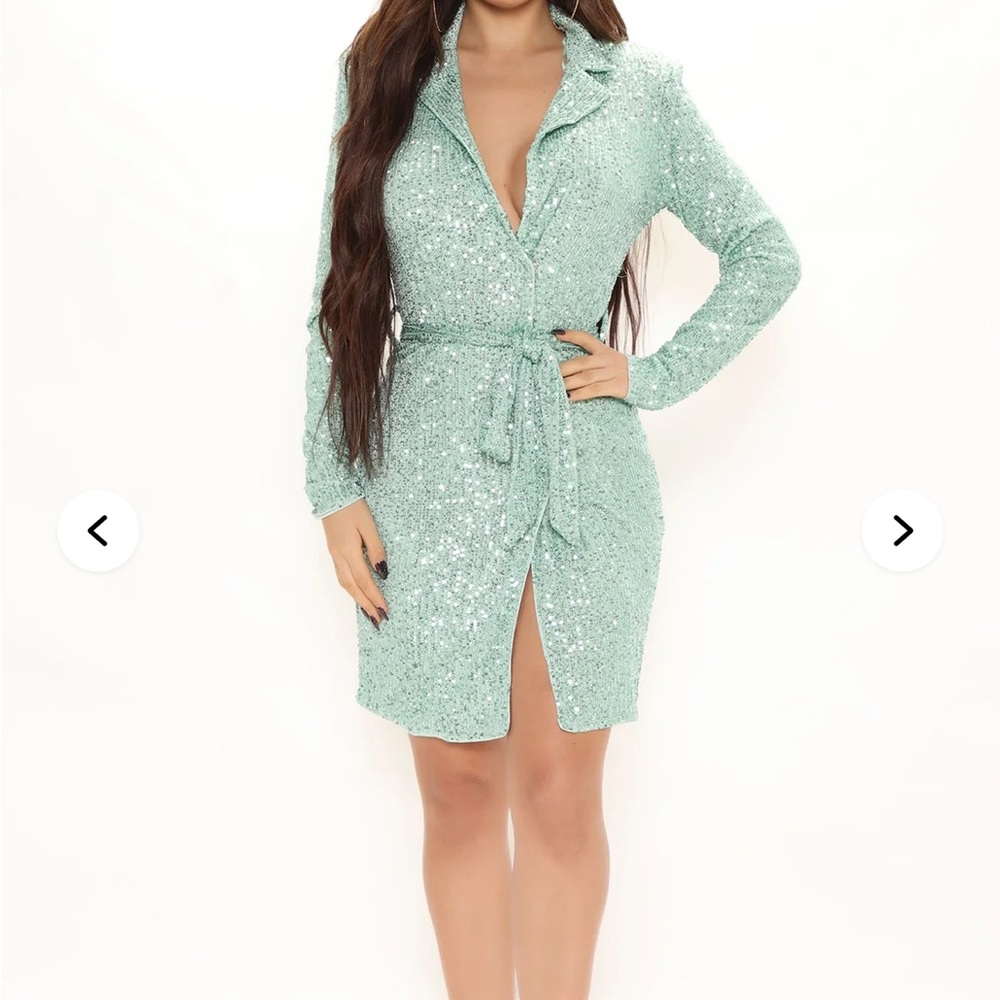 Fashion Nova Mint Green Sequin Shirt Dress with Waist Tie